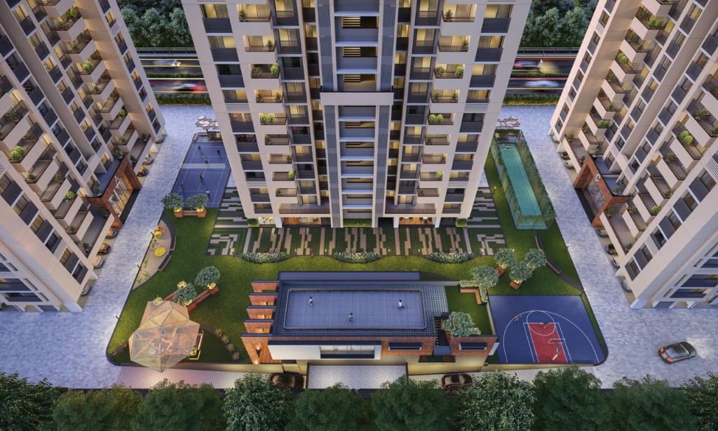 Harmony Harikesh — Aerial perspective of suspended sky deck and amenities